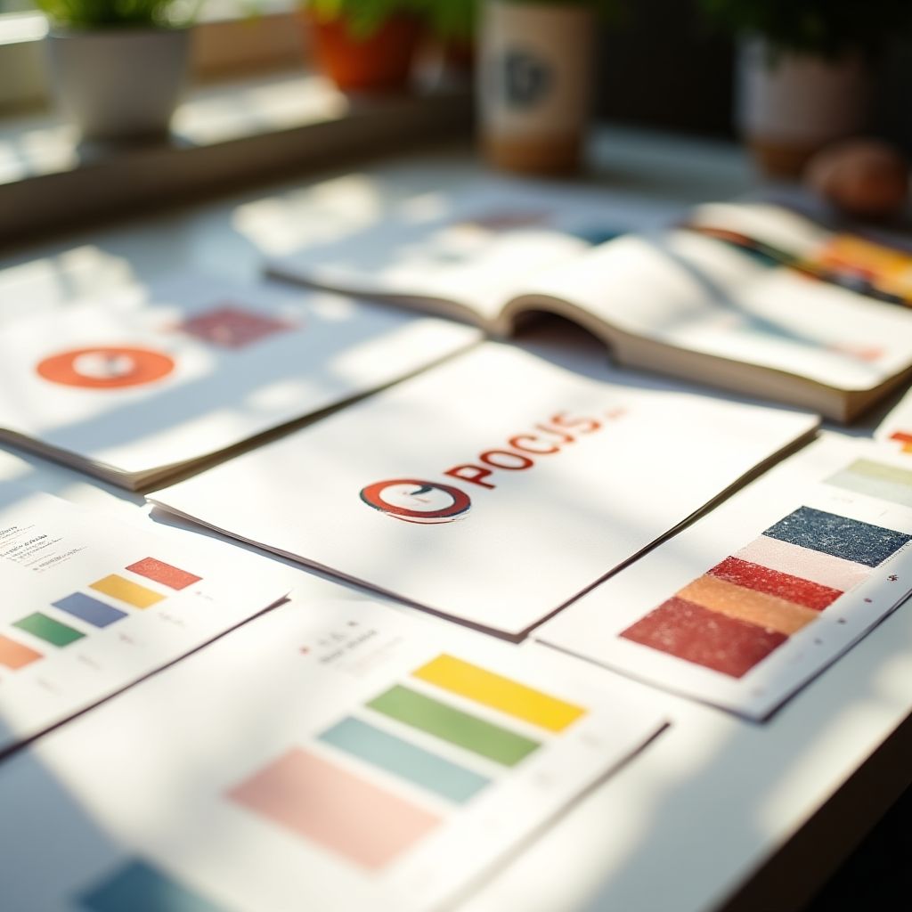 Materiais de branding e identidade visual em uma mesa